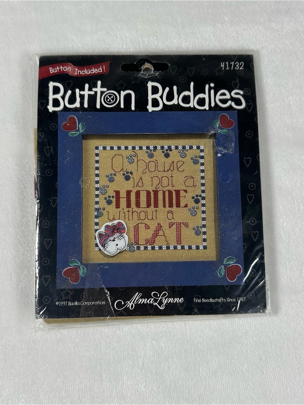 Bucilla Button Buddies Cross Stitch Kit "A House is Not a Home Without a Cat"